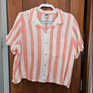 Lightweight Coral-Striped Button Front Women’s Top